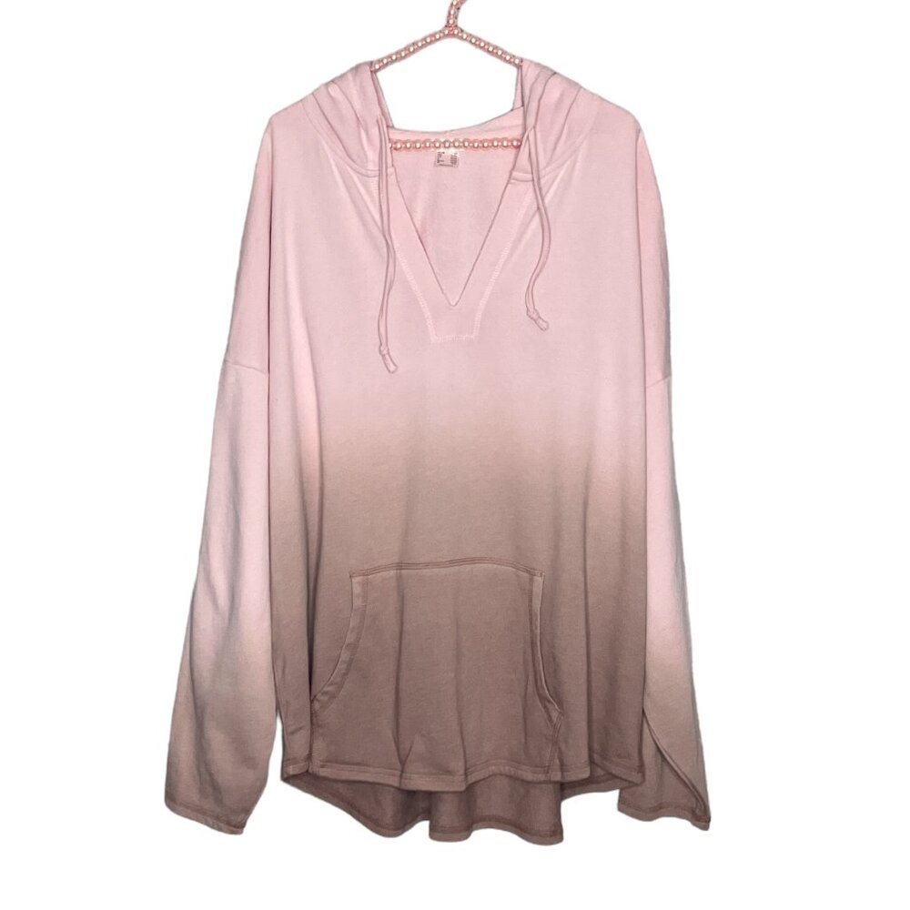 Venus Size 2X Pink Brown Ombre Dip‎ Dye French Terry V-Neck Hoodie Sweater Plus